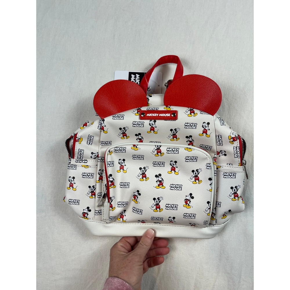 Disney Mickey Mouse‎ Mini Backpack Cream Faux Leather 3D Ears Red Straps NWT